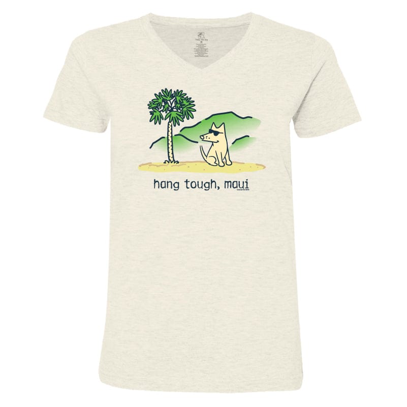 Hang Tough Maui - Ladies T-Shirt V-Neck | Natural | Small | Cotton | Teddy The Dog